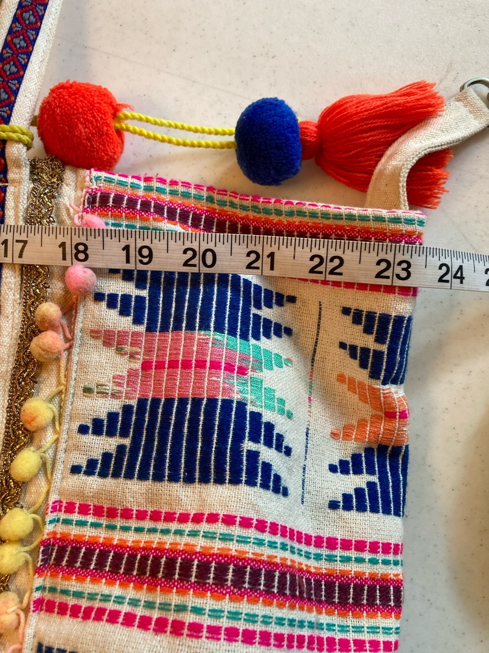 America & Beyond Boho Embroidered & Beaded  Tote Bag with Pom Pom Tassels - Picture 14 of 17